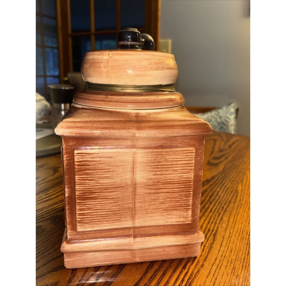 McCoy Brown Ceramic Coffee Grinder Mill Square Shaped Cookie Jar With Lid